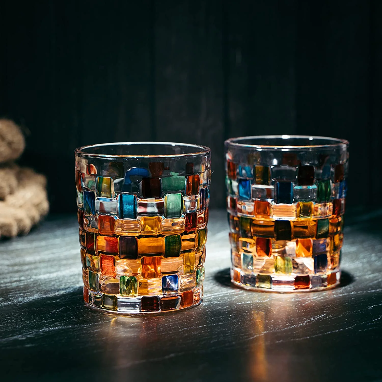The Wine Savant Artisanal Hand Painted Stained Glass Window Whiskey Tumblers 10oz Set of 2 Renaissance Romantic Rainbow Colored Drinking Glasses - Gift Idea for Her, Home Bar, Weddings 4" H - Image 3