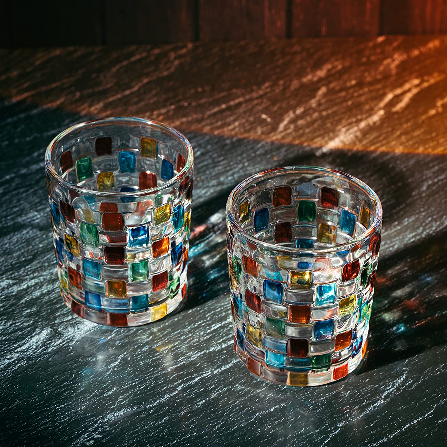 The Wine Savant Artisanal Hand Painted Stained Glass Window Whiskey Tumblers 10oz Set of 2 Renaissance Romantic Rainbow Colored Drinking Glasses - Gift Idea for Her, Home Bar, Weddings 4" H - Image 4