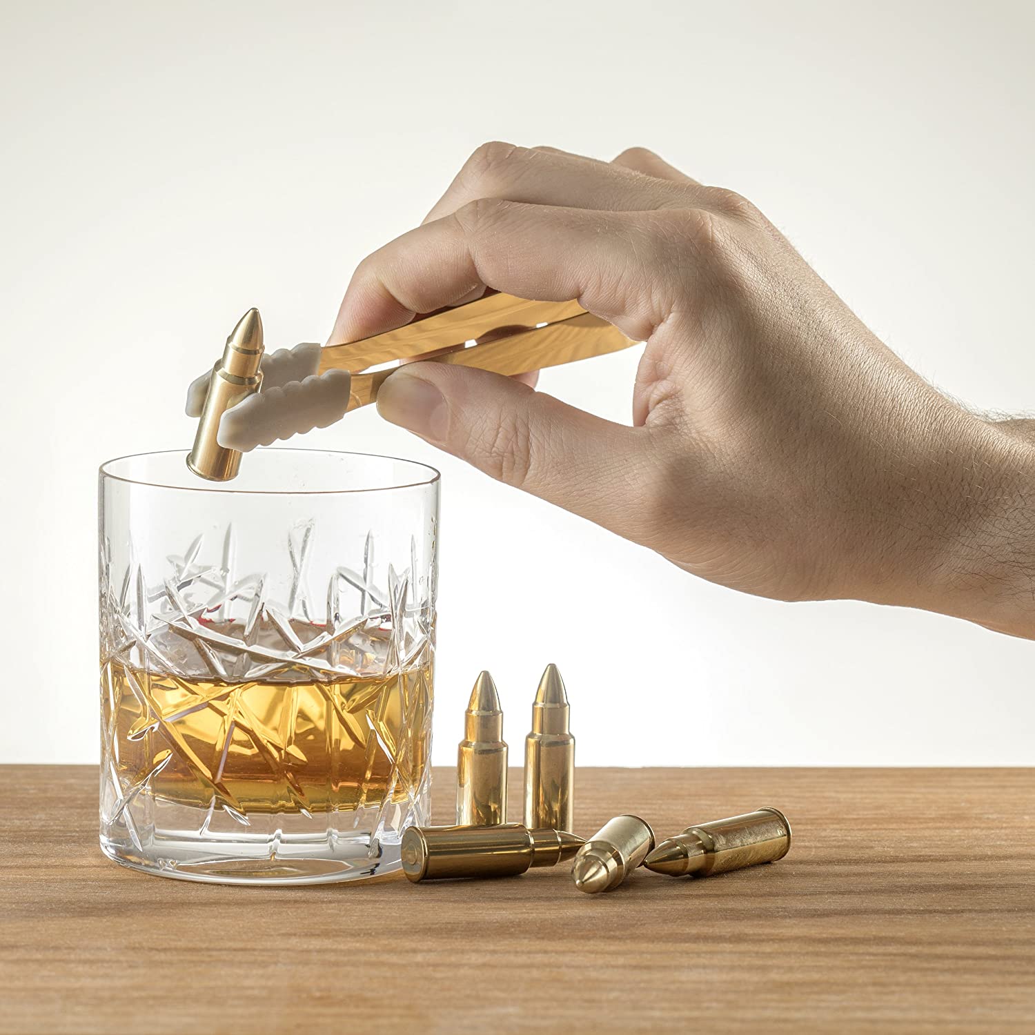 Bullet Whiskey Chillers Stones - 1.75in Whiskey Rocks by The Wine Savant Set of 6 - Stainless Steel Bullet Shaped Ice Cubes, Gift Box Come, Tongs and Storage Bag, Whiskey or Scotch Rocks (Gold) - Image 3