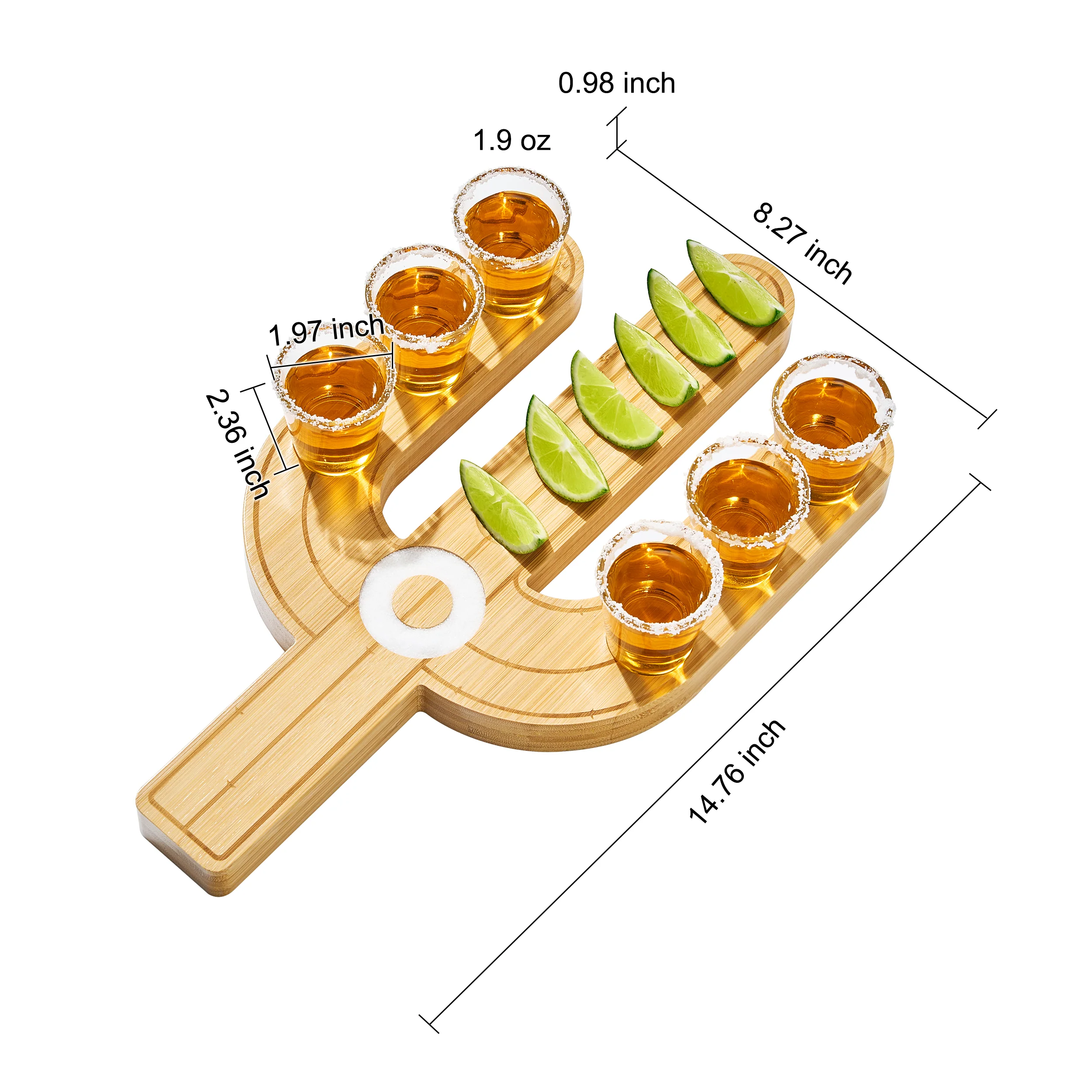 Cactus Tequila Tray & Shot Glasses Set - Tequila Gifts & Mexican Gifts - Bamboo Shot Glass Holder Serving Tray - Flight Board with Lemon Bowl, Salt Rimmer & Shot Glass Set - Party Shot Board, Gift - Image 3