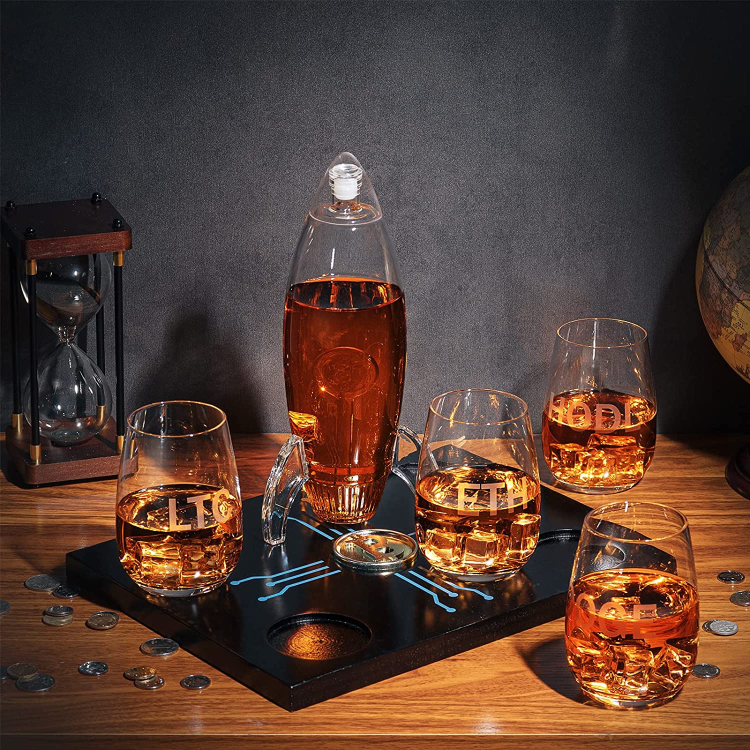 Cryptocurrency Decanter, Bitcoin Decanter To The Moon, Crypto Elon Musk Lovers Ethereum Whiskey & Wine Decanter Set 450ml Four 12 oz Glasses by The Wine Savant Rocket Decanter - Crypto Gifts, HODL - Image 3