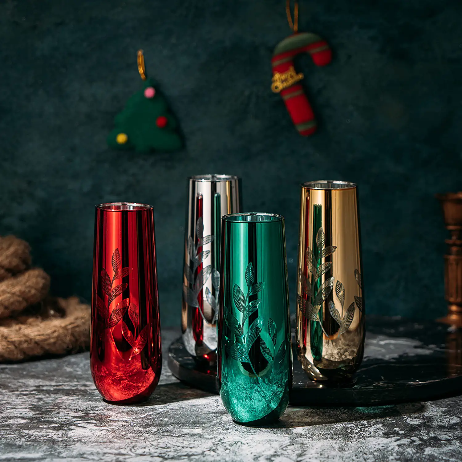 Multicolor 4-Piece Tree Stemless Wine & Water Glasses - Shining Red Green Yellow Silver, Perfect for Parties, Glass Trees Decor, Kitchen Home Decorations (Flutes) - Image 3