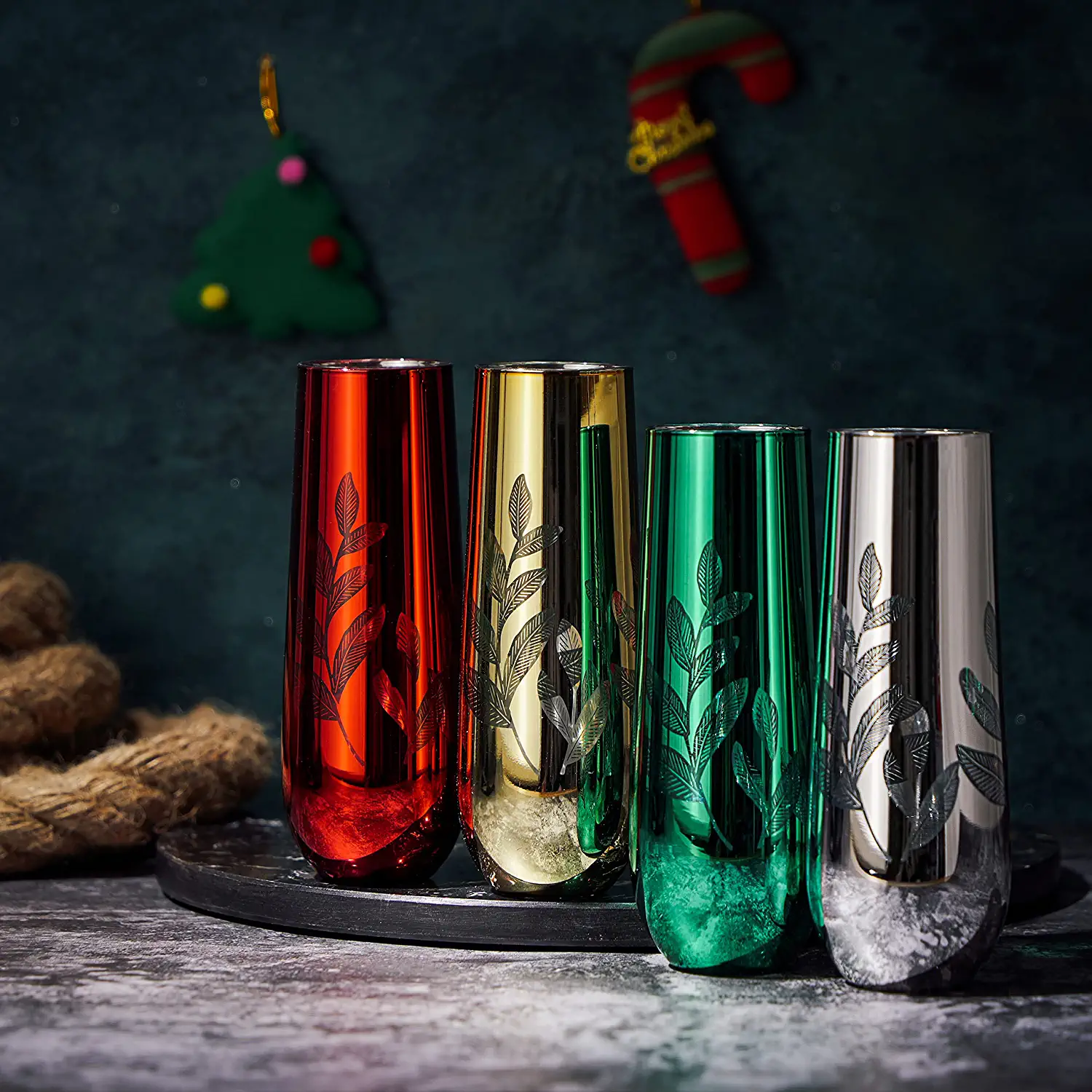 Multicolor 4-Piece Tree Stemless Wine & Water Glasses - Shining Red Green Yellow Silver, Perfect for Parties, Glass Trees Decor, Kitchen Home Decorations (Flutes) - Image 4