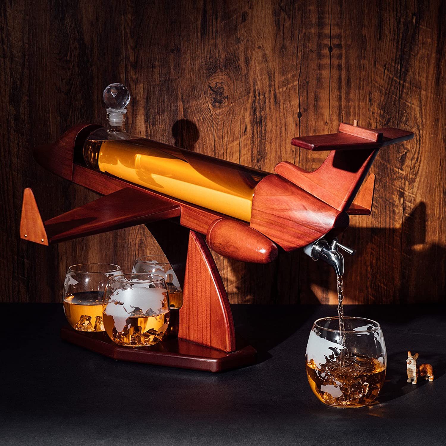 Jet Airplane Wine & Whiskey Decanter 1000ml Set with 4, 12 oz World Map Glasses by The Wine Savant - Pilot Gifts, Aviation Gifts, Airplane Figurine, Gifts for Jet, Airplane and Travel Enthusiasts - Image 3
