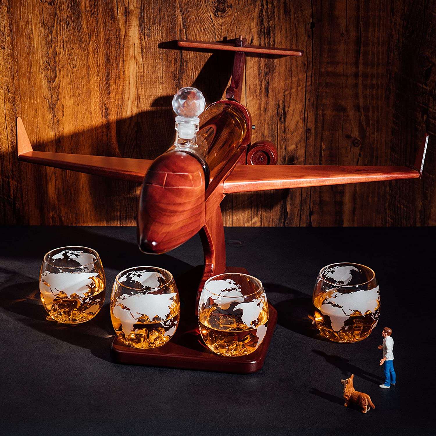 Jet Airplane Wine & Whiskey Decanter 1000ml Set with 4, 12 oz World Map Glasses by The Wine Savant - Pilot Gifts, Aviation Gifts, Airplane Figurine, Gifts for Jet, Airplane and Travel Enthusiasts - Image 4