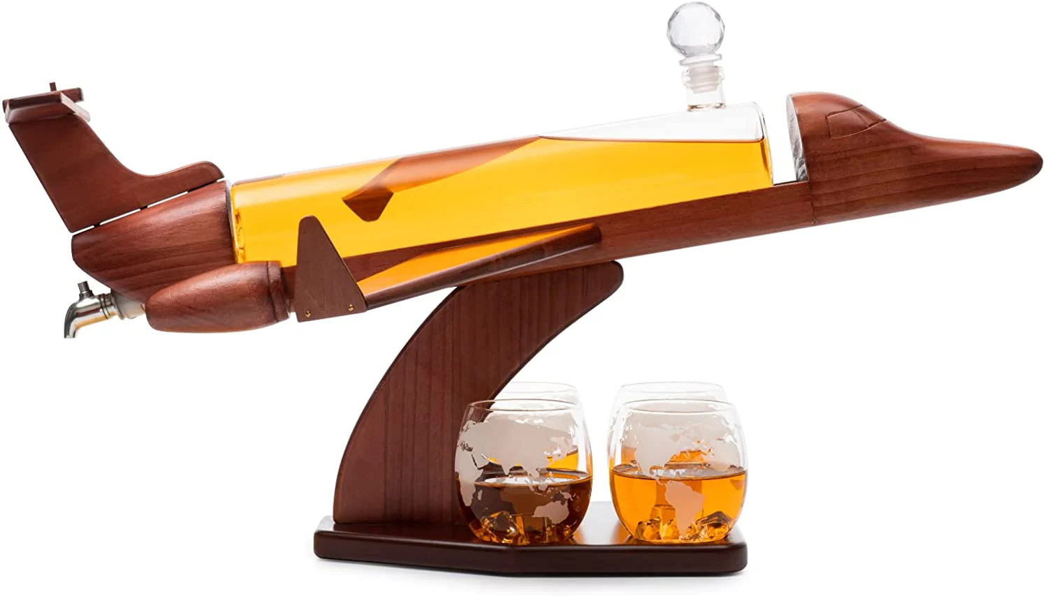 Jet Airplane Wine & Whiskey Decanter 1000ml Set with 4, 12 oz World Map Glasses by The Wine Savant - Pilot Gifts, Aviation Gifts, Airplane Figurine, Gifts for Jet, Airplane and Travel Enthusiasts - Image 5