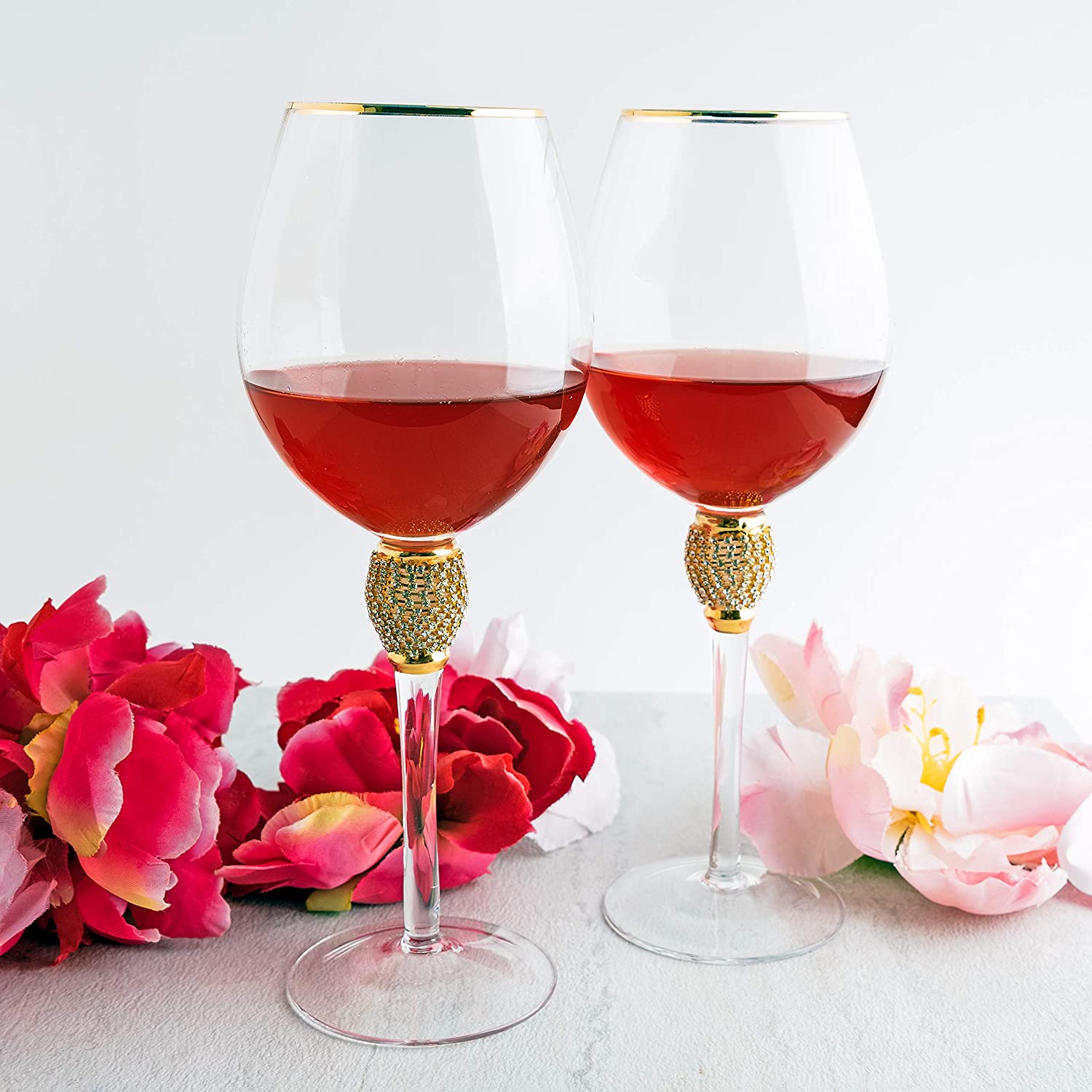 The Wine Savant Large Diamond Wine Glasses, Gold Rim Rhinestone Diamond Glasses - Wedding Glasses - 15 Ounce, Premium Designed Wine Glasses for Spirits and Wine, Gift Boxed (2, Clear) - Image 3