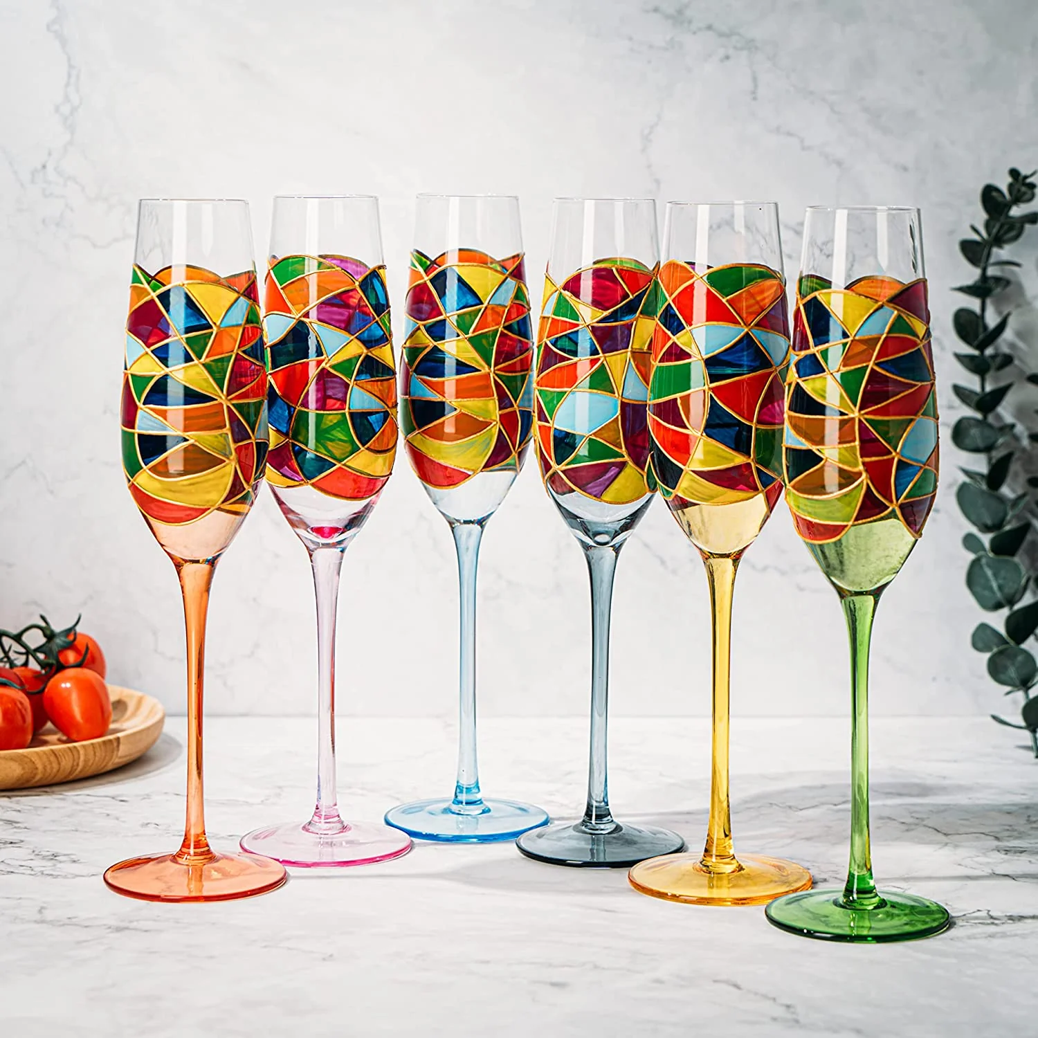 Stained Glass Champagne Flutes Set of 6 Hand Painted - Wine Savant - Hand Blown 7 Ounce Colorful Renaissance Champagne Glasses - 10.2" Tall, 2.7" Diameter Rainbow Multicolor Design Glassware - Image 4