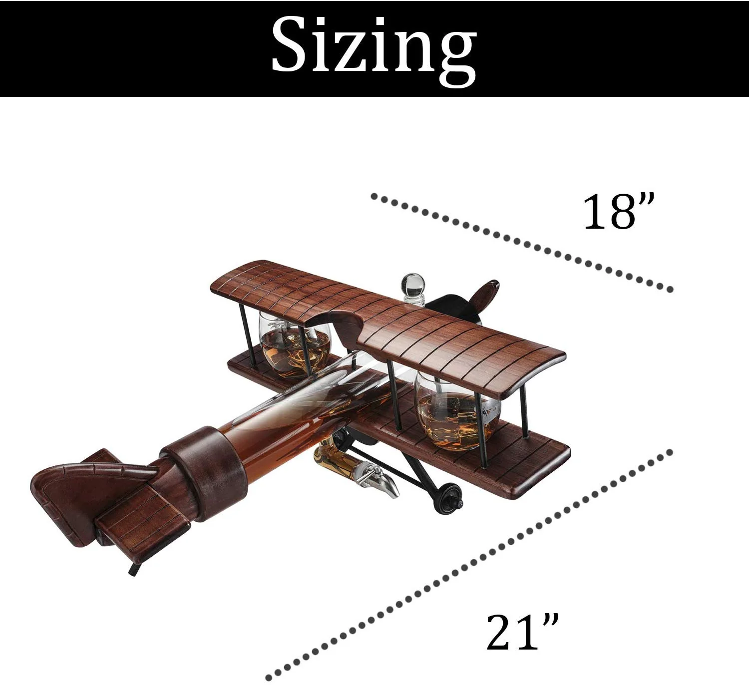 Whiskey & Wine Decanter Airplane Set and Glasses Antique Wood Airplane - The Wine Savant Whiskey Gift Set and 2 Airplane Glasses, Pilot Gift Moving Parts- Alcohol Related Gift, BAR DECOR Large 21" - Image 6